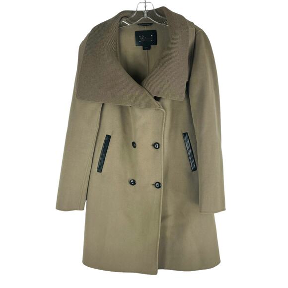 Mackage Wool Blend Double Breasted Coat Leather Trim Knit Collar Size M - Picture 1 of 10